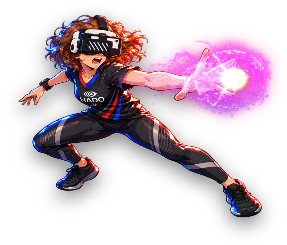 Illustrated HADO USA athlete launching a glowing energy ball while wearing an augmented-reality headset
