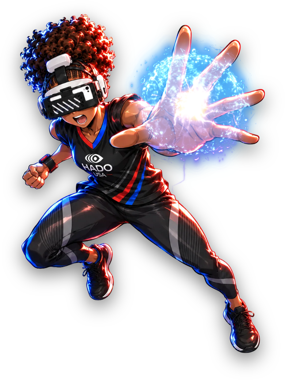 Illustrated HADO athlete wearing an AR headset and projecting blue energy