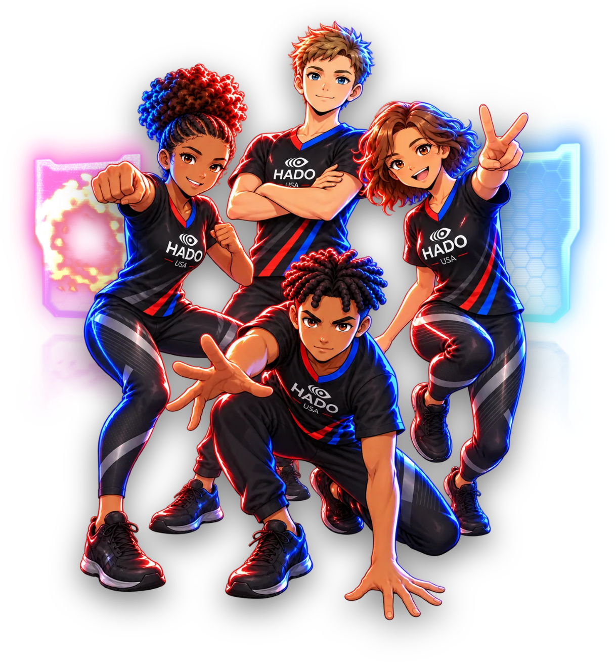 Illustrated HADO USA squad surrounded by red and blue energy shields