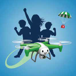 Illustrated children imagining an adventure with a friendly drone character